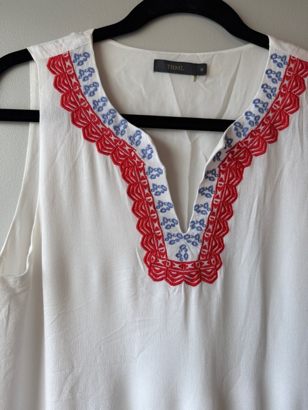 THML White Sleeveless V-Neck dress with Red Scalloped & Blue Embroidery size M
